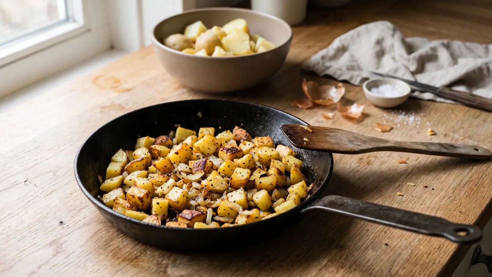 Een koekenpan met goudbruine, krokant gebakken aardappelblokjes en een houten spatel op het aanrecht.