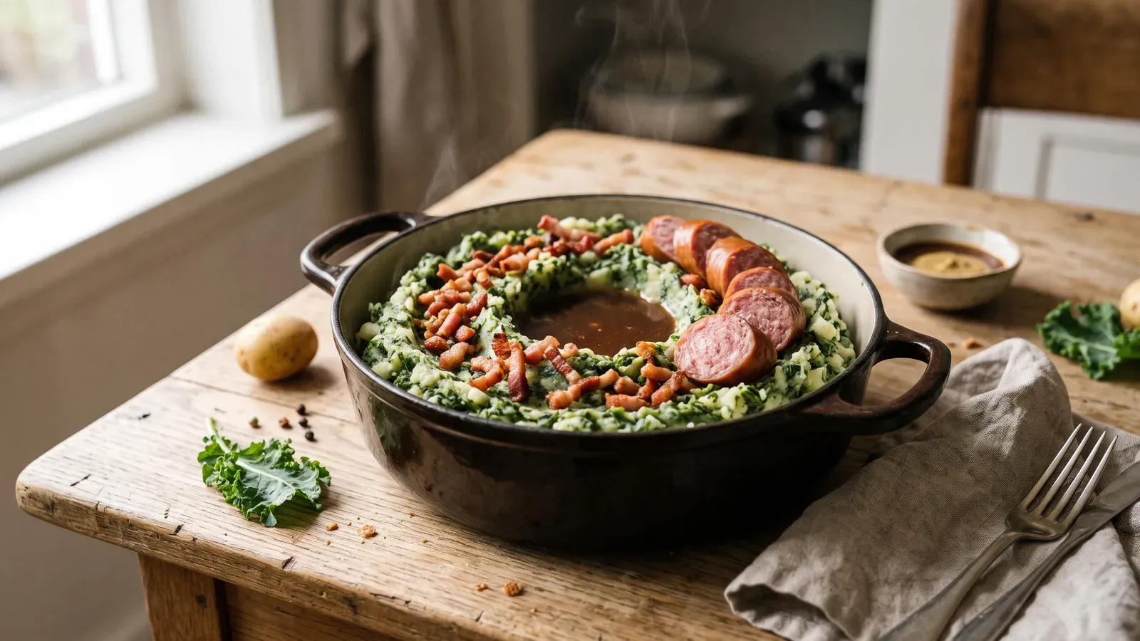 Pan boerenkoolstamppot met een kuiltje jus, plakken rookworst en krokante spekjes op een houten tafel