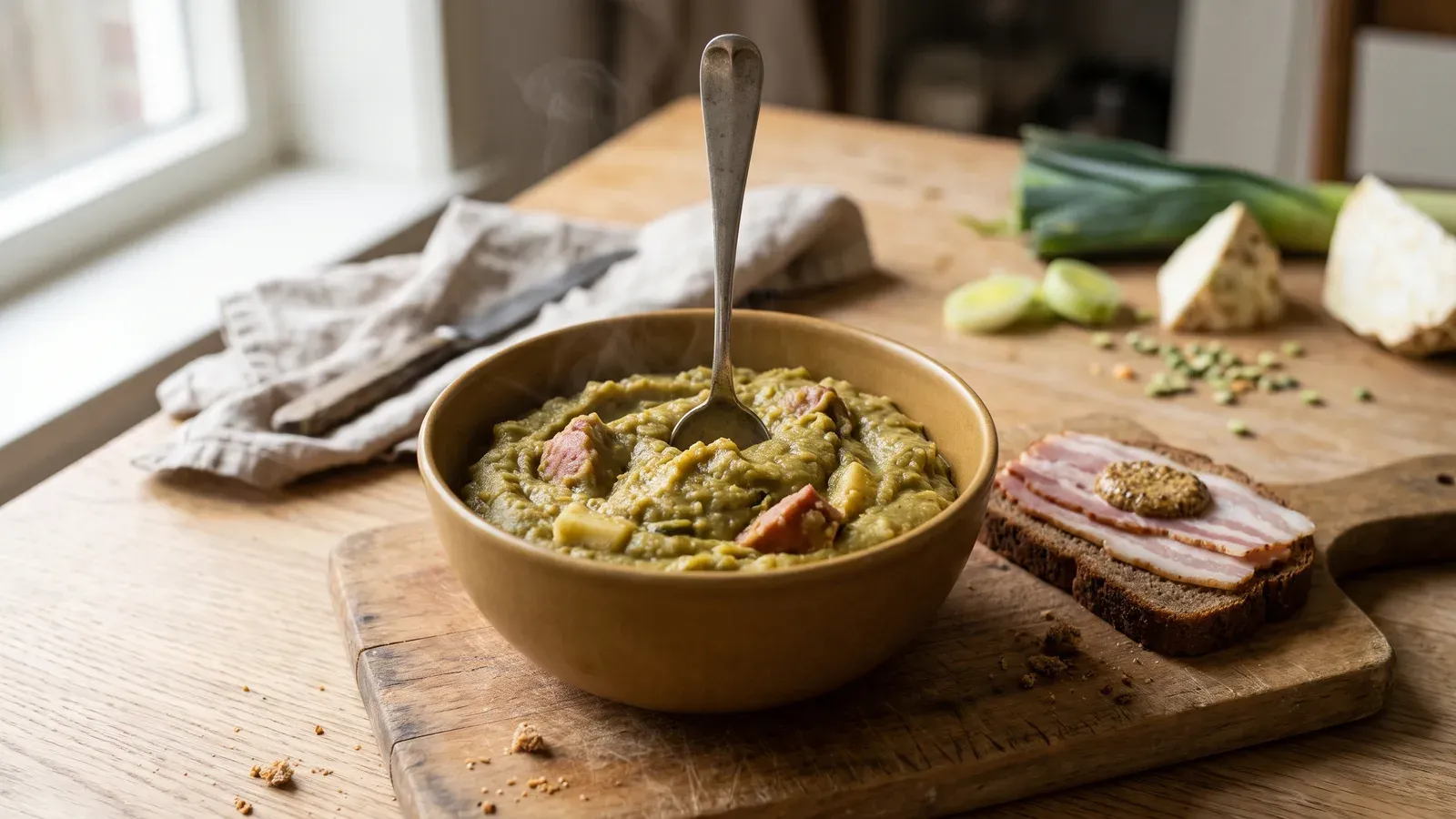 Een kom dikke groene erwtensoep met rookworst en een lepel die rechtop staat, naast roggebrood met katenspek.