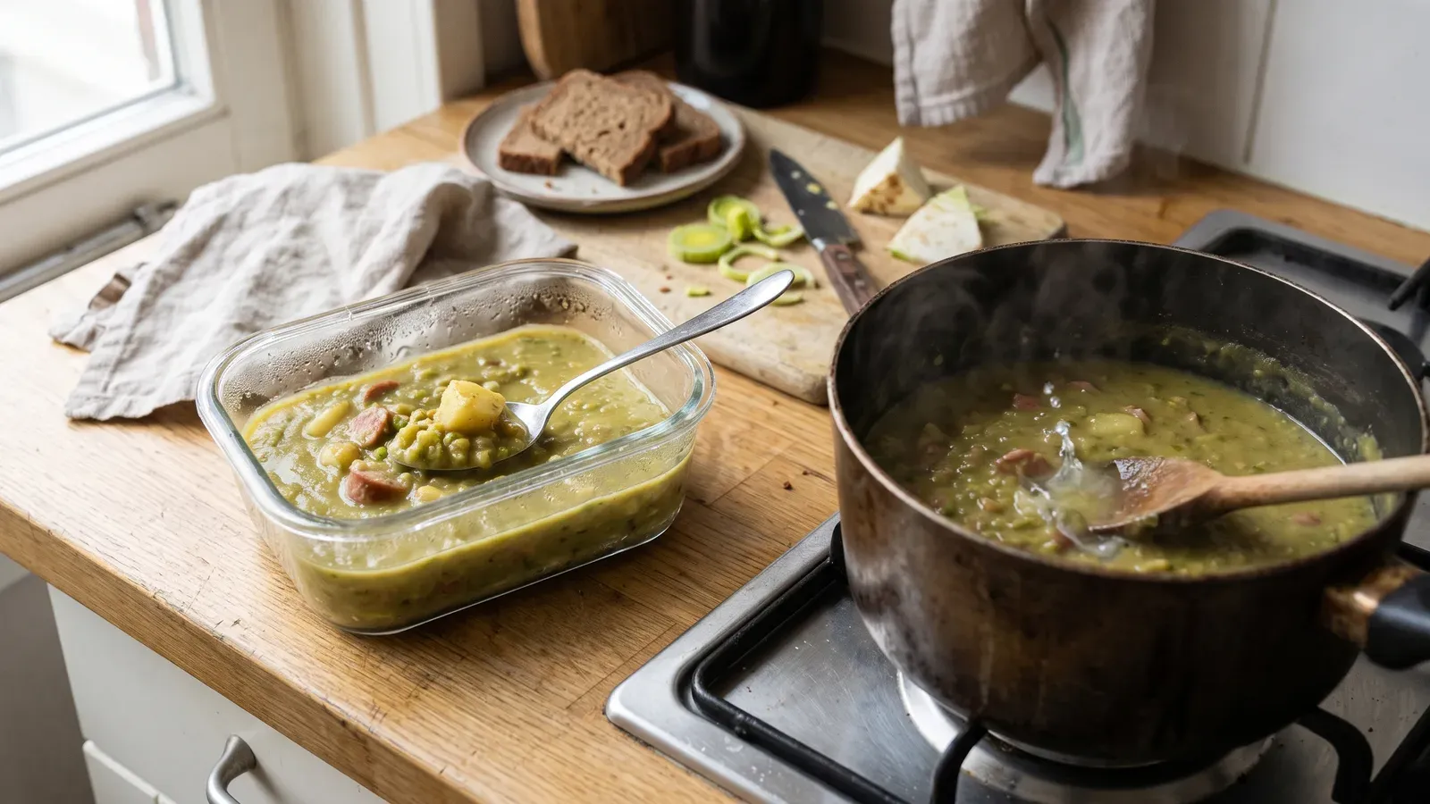 Bakje koude, dik geworden erwtensoep uit de koelkast naast een pan waarin een portie wordt opgewarmd.