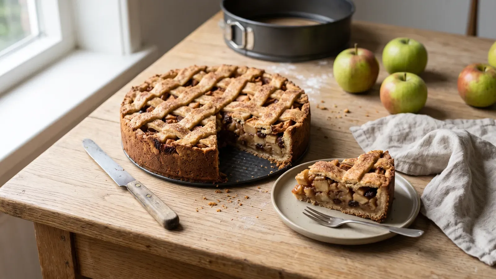 Hollandse appeltaart in een springvorm met een punt eruit gesneden, met zichtbare appelvulling en een goudbruine bodem.