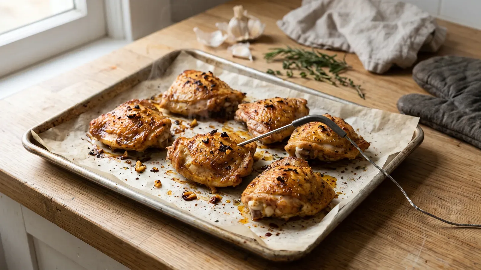 Bakplaat met goudbruine kippendijen met krokant vel en een kernthermometer in een van de dijen