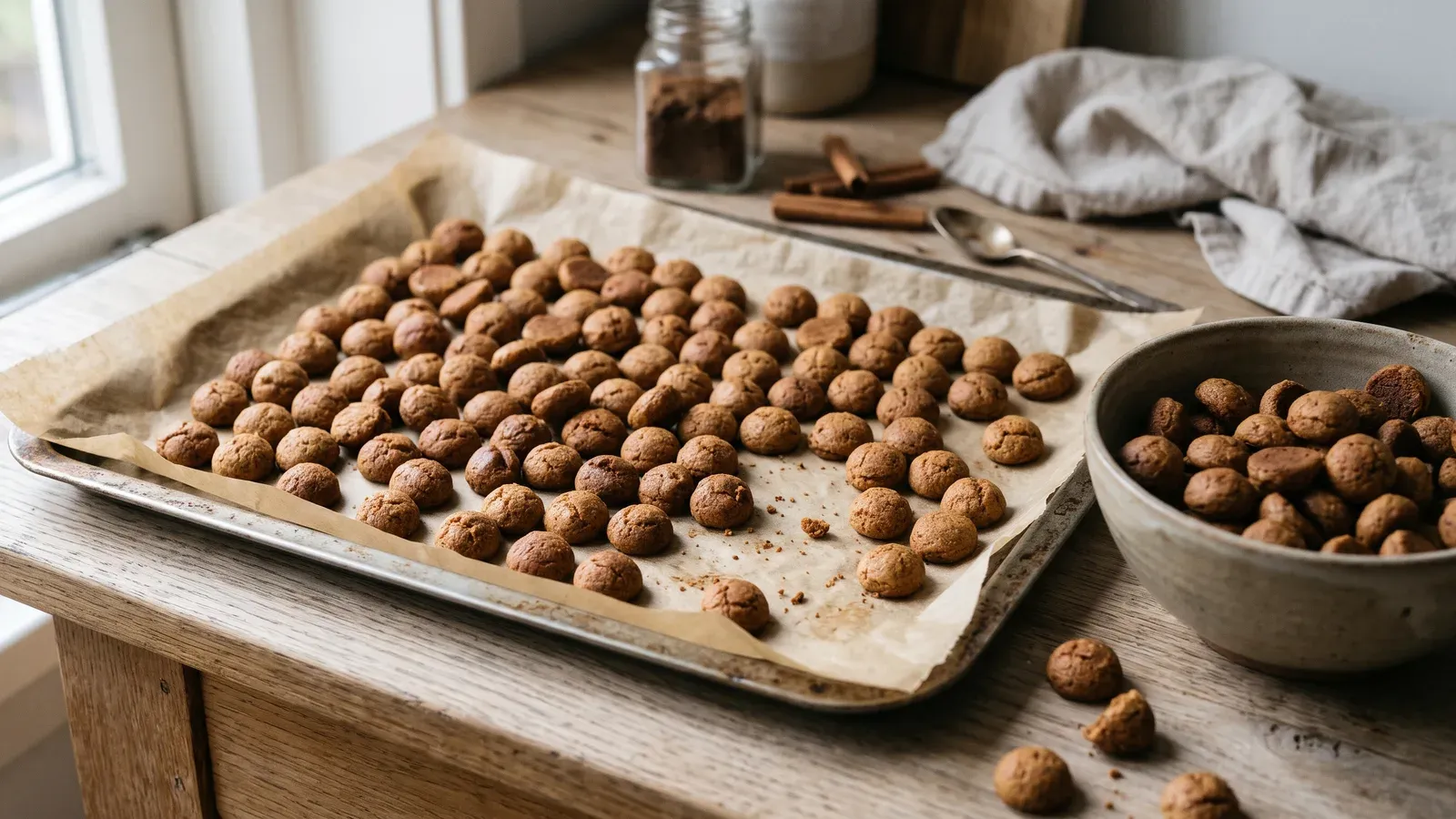Kleine goudbruine kruidnoten op een bakplaat met bakpapier, een deel ligt al in een houten schaal.
