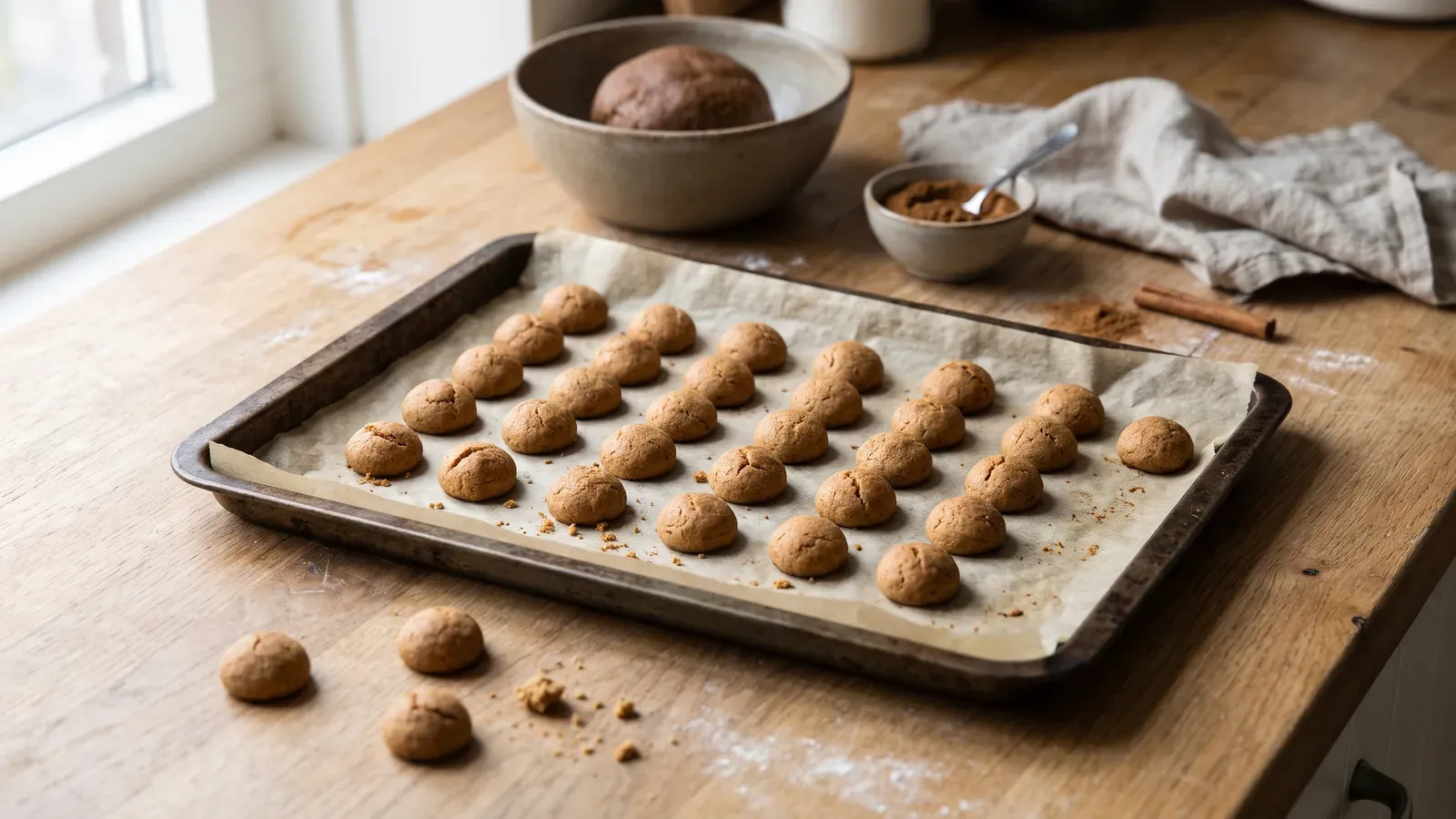 Bakplaat met goudbruine kruidnoten die afkoelen, met een kom gerust deeg op de achtergrond
