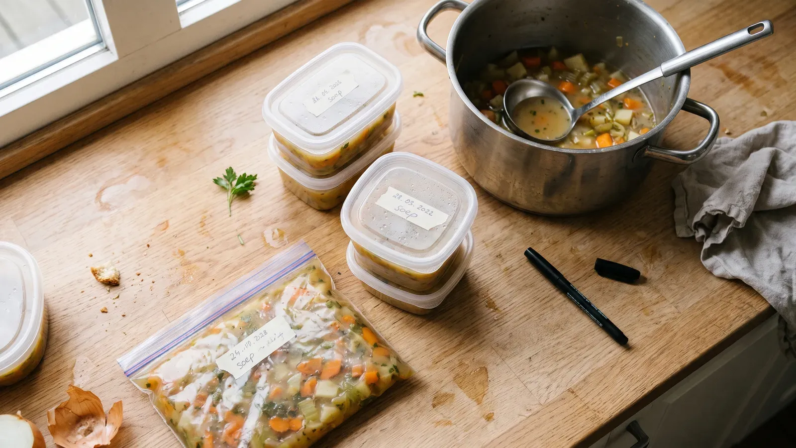 Porties soep in bakjes en een vrieszak met etiketten naast een pan groentesoep op een houten aanrecht.